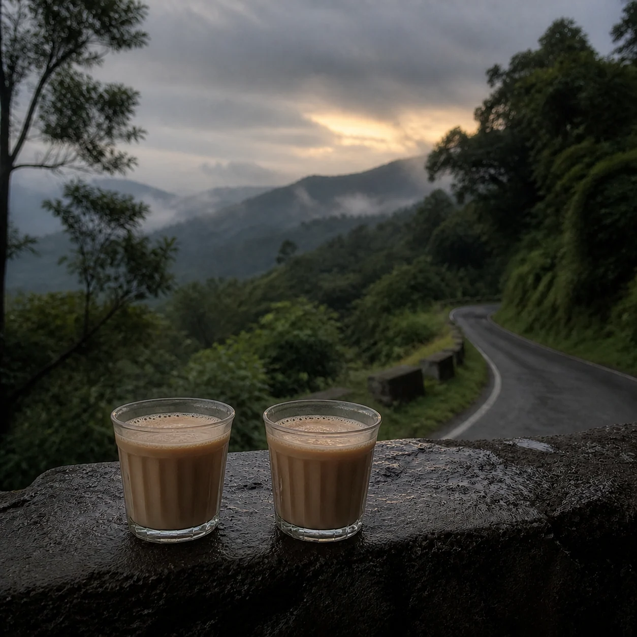 Two clear Coimbatore-style tea glasses overlooking a quiet mountain road