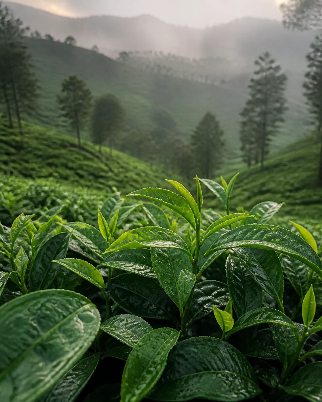 Rain-bright tea leaves with misty green hills beyond